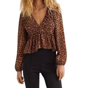 H&M Leopard Print V-Neck Peplum Blouse - Size Large